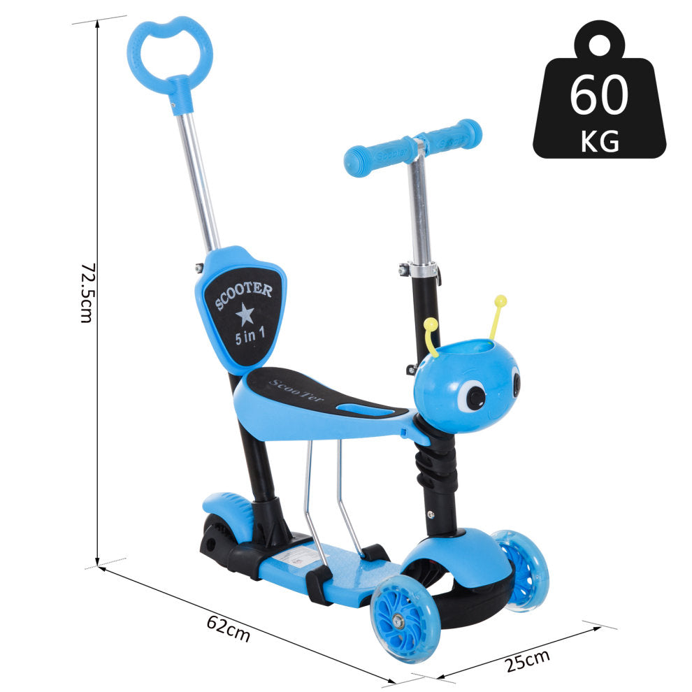 HOMCOM 5-In-1 Kids Kick Scooter With Removable Seat-Blue