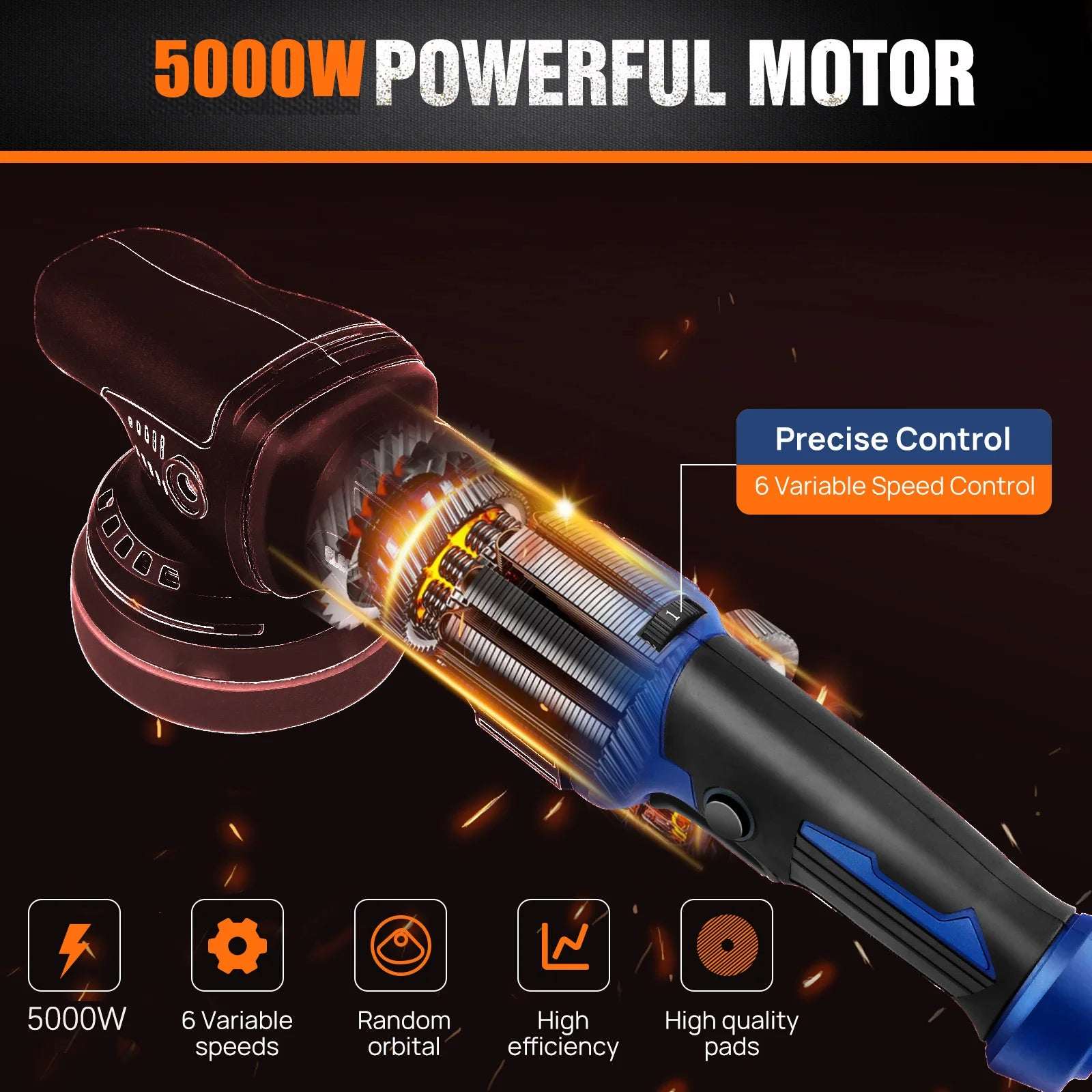 5000W Dual Action Car Polisher, Random Orbital Polishing Car Buffer, 6 Variable Speeds For Car Detailing & Cleaning