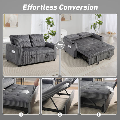 2 Seater Click Clack Sofa Bed with Pull Out Design, Corduroy Upholstery - Charcoal Grey