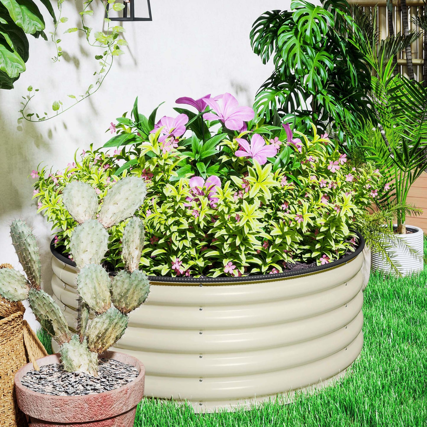 Outsunny Galvanised Raised Garden Bed with Safety Edging, Outdoor Raised Planter Box with Gloves, 120 x 120 x 43cm