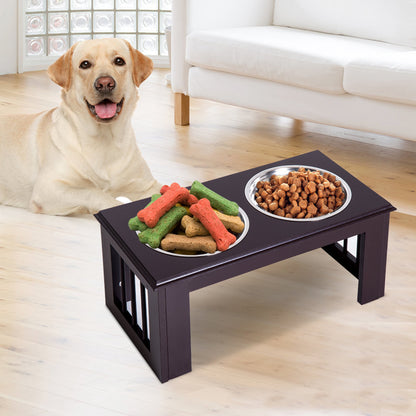 PawHut Raised Dog Bowls Pet Feeder Elevated Double Stainless Steel Water Brown