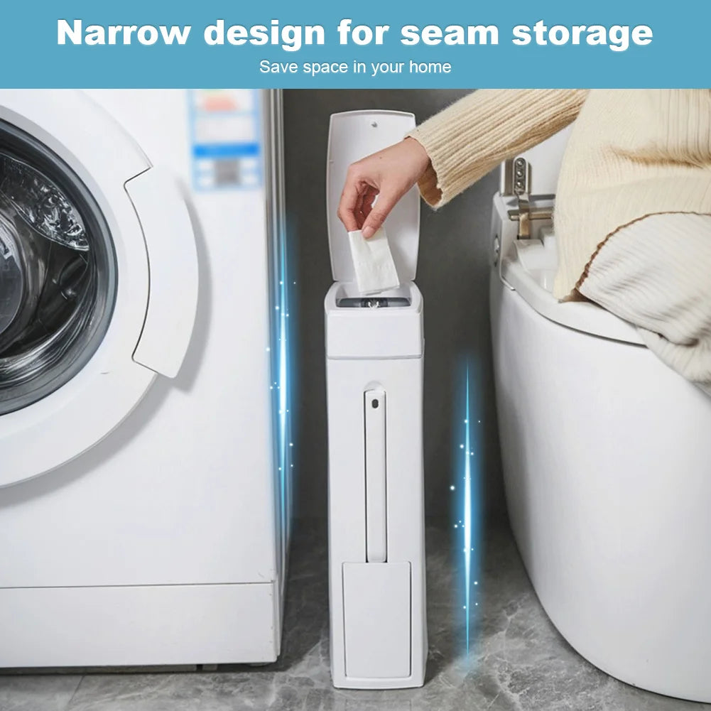 Slim Trash Can with Cleaning Brush and Lid Plastic Waste Basket Garbage Bucket for Bathroom Narrow Space