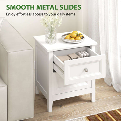 2-Drawer Bedside Table Nightstand | Crystal-Like Handles | Smooth Metal Rails | MDF | 30kg Total 10kg Top 10kg Per Drawer | 45x35x50cm | White