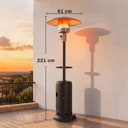 Outsunny Gas Patio Heater with Side Table | Brown Metal | 5-13kW Stepless | 30m² Coverage | Piezo Ignition | Tip-Over Protection | Propane Butane | 40cm Table | Tank Cabinet | 81x81x221cm