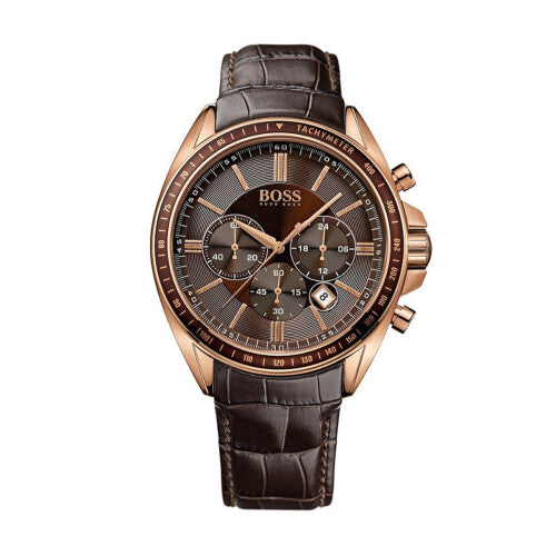 Hugo Boss Men's PVD Rose Gold Chronograph Watch | Gold Dial | Brown Leather Strap | Date | HB1513093