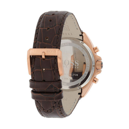 Hugo Boss Men's PVD Rose Gold Chronograph Watch | Gold Dial | Brown Leather Strap | Date | HB1513093