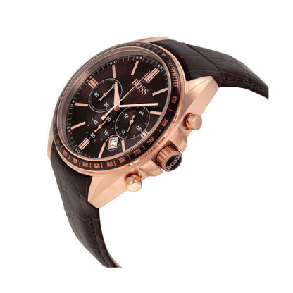 Hugo Boss Men's PVD Rose Gold Chronograph Watch | Gold Dial | Brown Leather Strap | Date | HB1513093
