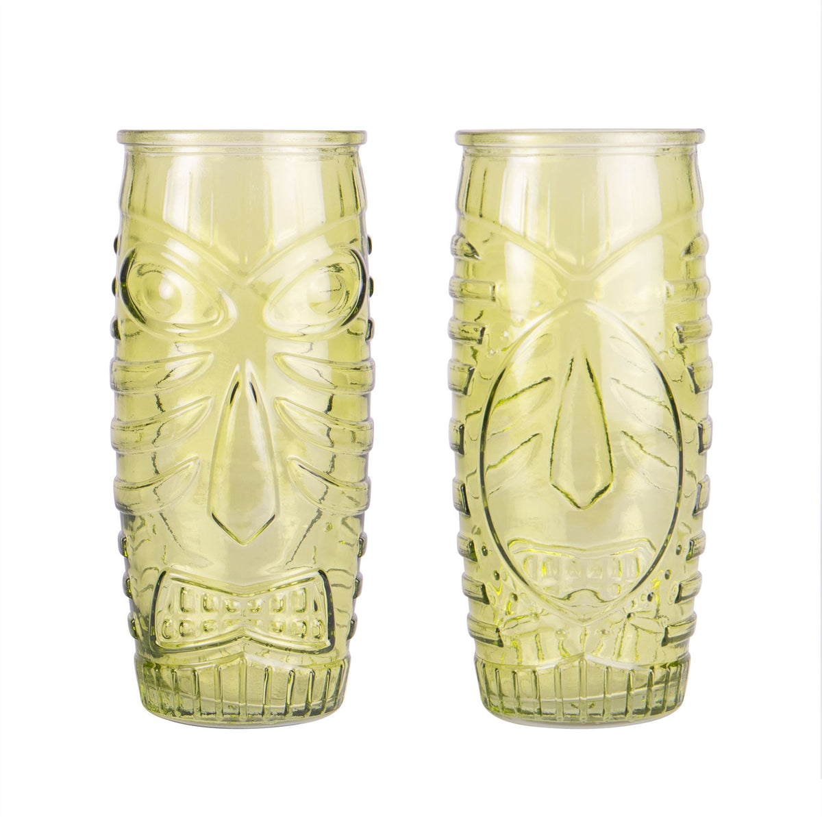 Pukkr Tiki Cocktail Glasses | Set of 2 × 600ml | Red & Green Embossed Face Design | Tropical Cocktail & Mocktail Tumblers