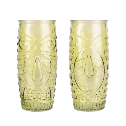 Pukkr Tiki Cocktail Glasses | Set of 2 × 600ml | Red & Green Embossed Face Design | Tropical Cocktail & Mocktail Tumblers