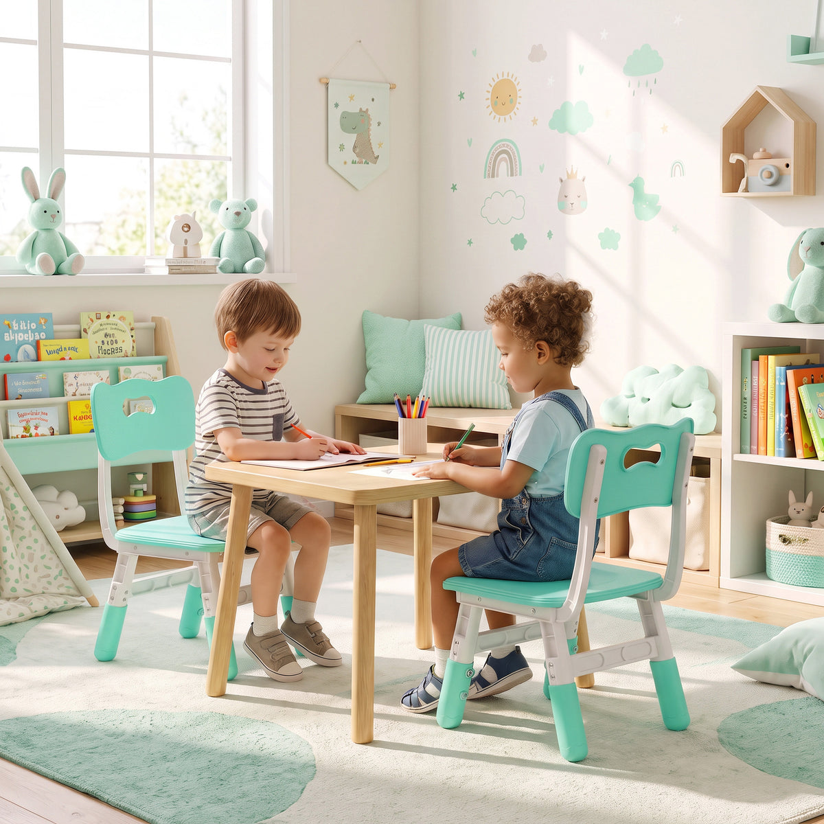 AIYAPLAY Kids Desk Chairs Set of 2 | Green & White | 3-Level Adjustable Seat Height 26–30cm | Backrests & PP Construction | Ages 18 Months–8 Years