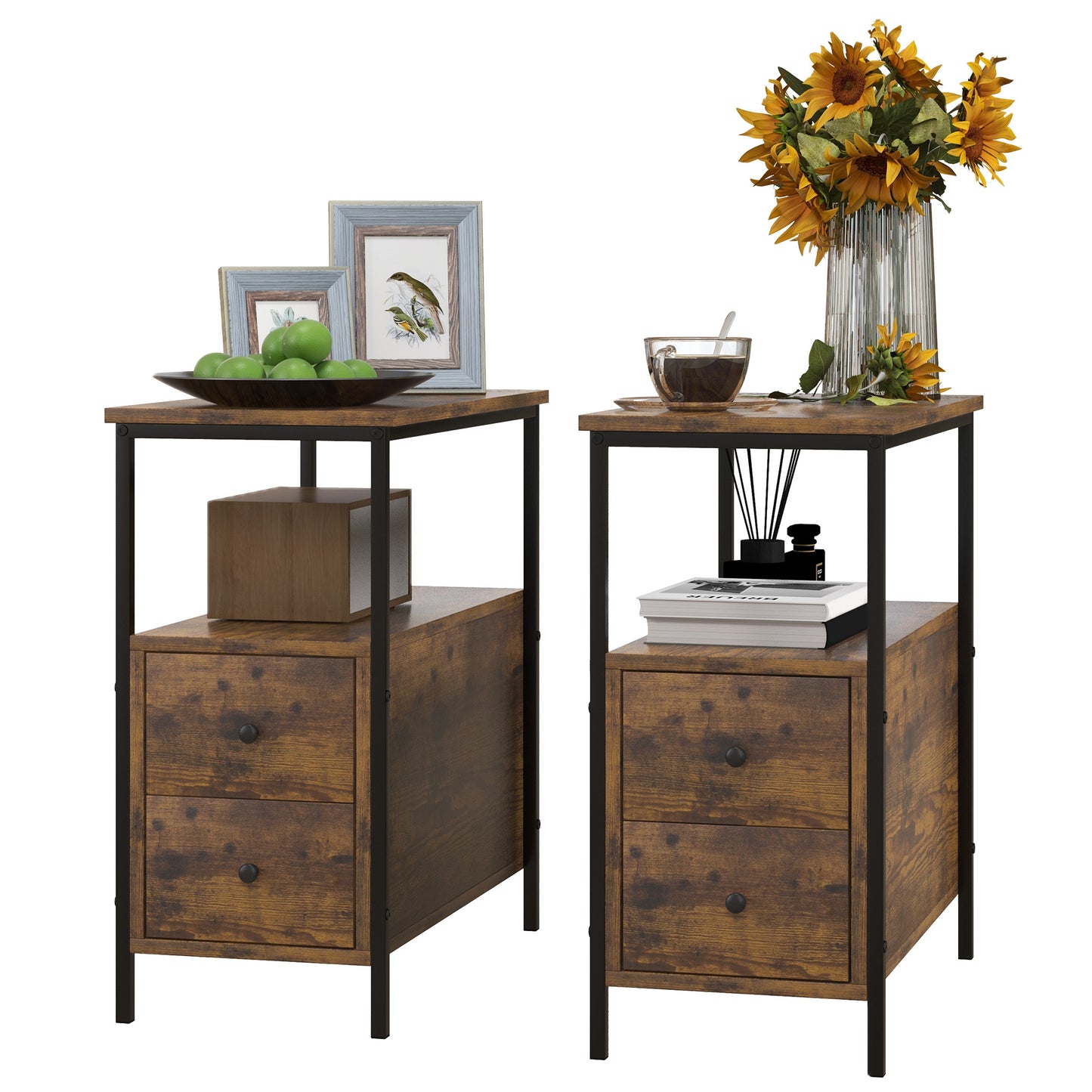 Set of 2 Side Table, Narrow Bedside Table with 2 Drawers and Storage Shelf, Industrial End Table for Small Spaces, Rustic Brown
