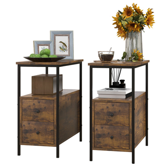 Set of 2 Side Table, Narrow Bedside Table with 2 Drawers and Storage Shelf, Industrial End Table for Small Spaces, Rustic Brown