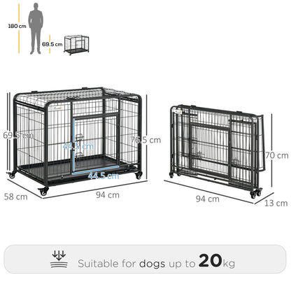 Dog Cage on Locking Wheels | Double-Latch Door | Openable Top | Removable Tray | Foldable | Medium Dogs up to 20kg | 94 x 58 x 76.5cm | Dark Grey