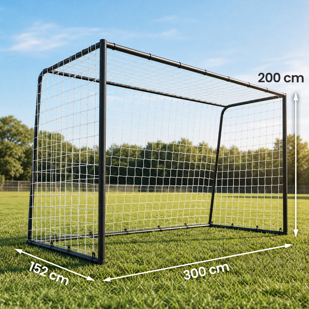 10 x 6.5ft Football Goal | 300x152x200cm | 32mm Painted Metal Frame | Polyester Net 300x280cm | 10x10cm Mesh | 36 Bungee Cords | 4 U-Stakes | Outdoor Garden | Age 5+ | Black