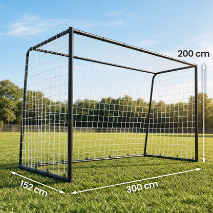 10 x 6.5ft Football Goal | 300x152x200cm | 32mm Painted Metal Frame | Polyester Net 300x280cm | 10x10cm Mesh | 36 Bungee Cords | 4 U-Stakes | Outdoor Garden | Age 5+ | Black