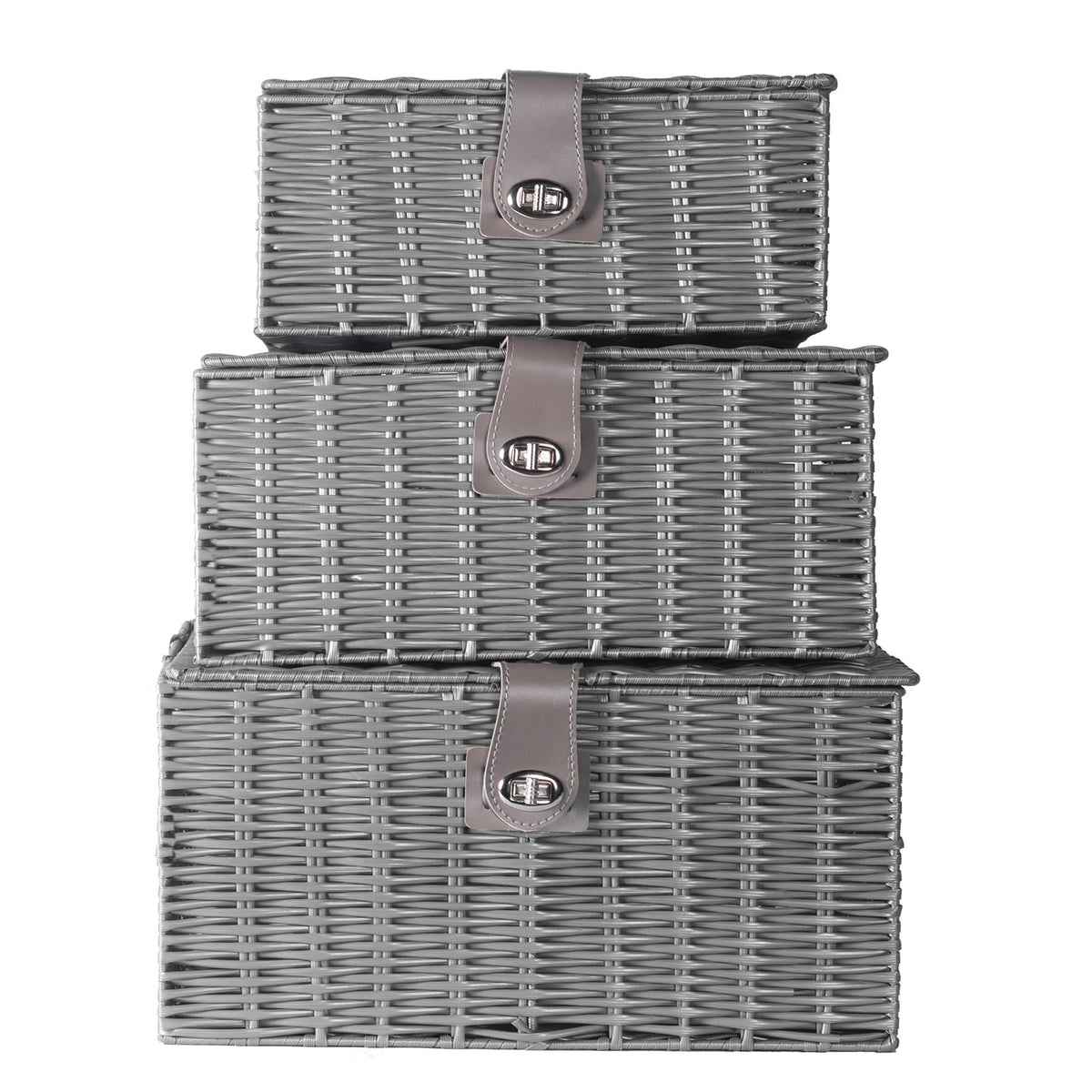 Maison & White Resin Woven Storage Baskets | Set of 3 Grey Lidded Boxes | Small, Medium & Large | Side Handles & Twist Clasps