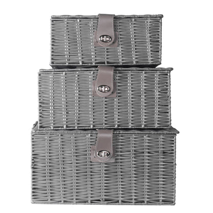 Maison & White Resin Woven Storage Baskets | Set of 3 Grey Lidded Boxes | Small, Medium & Large | Side Handles & Twist Clasps