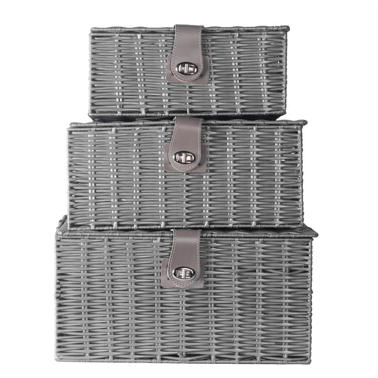 Maison & White Resin Woven Storage Baskets | Set of 3 Grey Lidded Boxes | Small, Medium & Large | Side Handles & Twist Clasps