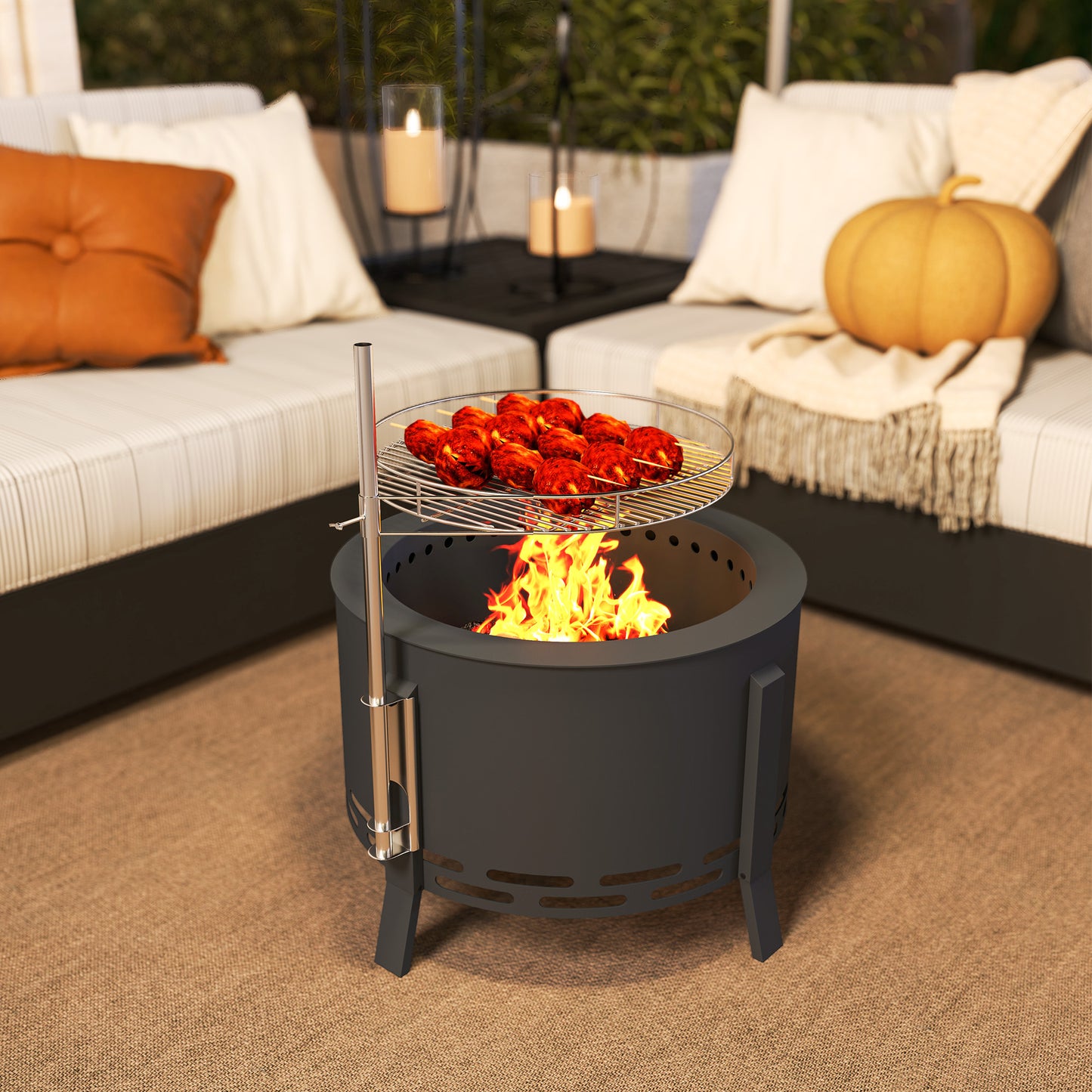 Portable Fire Pit, 58 cm Round Firepit with Grill Grate, Fire Bowl with Ash Catcher and Poker, Fire Pit BBQ for Garden Camping Bonfire Picnic, Black