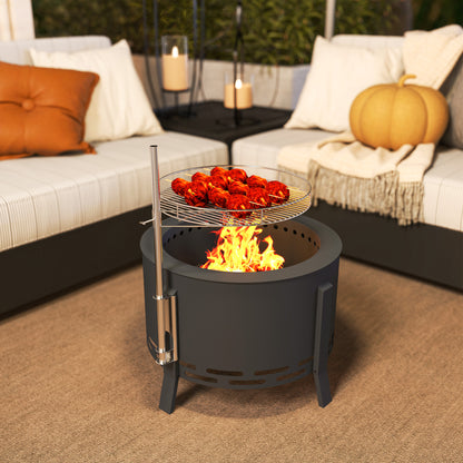 Portable Fire Pit, 58 cm Round Firepit with Grill Grate, Fire Bowl with Ash Catcher and Poker, Fire Pit BBQ for Garden Camping Bonfire Picnic, Black
