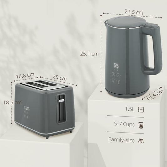 Digital Kettle and Toaster Set, 1.5L 3000W Fast Boil Kettle, 2 Slice Toaster Kitchen Set with 7 Level Browning Controls, Defrost, Reheat, Keep Warm,  and LED Touch Display