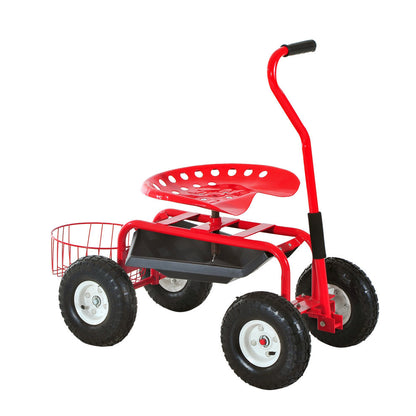 Adjustable Rolling Garden Cart Outdoor Garden Planting Station Trolley Swivel Gardener Work Seat Heavy Duty W/ Tool Tray & Basket Red 150kg