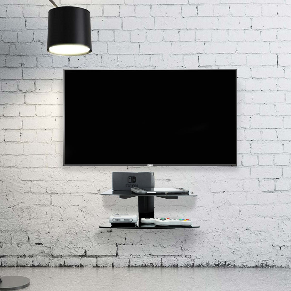 Maison & White 2 Tier Tempered Black Glass Floating Shelf | Adjustable Shelves 36x25x40.5cm | 15kg Load | Integrated Cable Management | All Fixings Included | Assembly Required | 2-Year Warranty