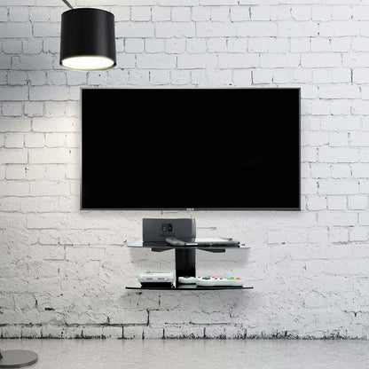 Maison & White 2 Tier Tempered Black Glass Floating Shelf | Adjustable Shelves 36x25x40.5cm | 15kg Load | Integrated Cable Management | All Fixings Included | Assembly Required | 2-Year Warranty