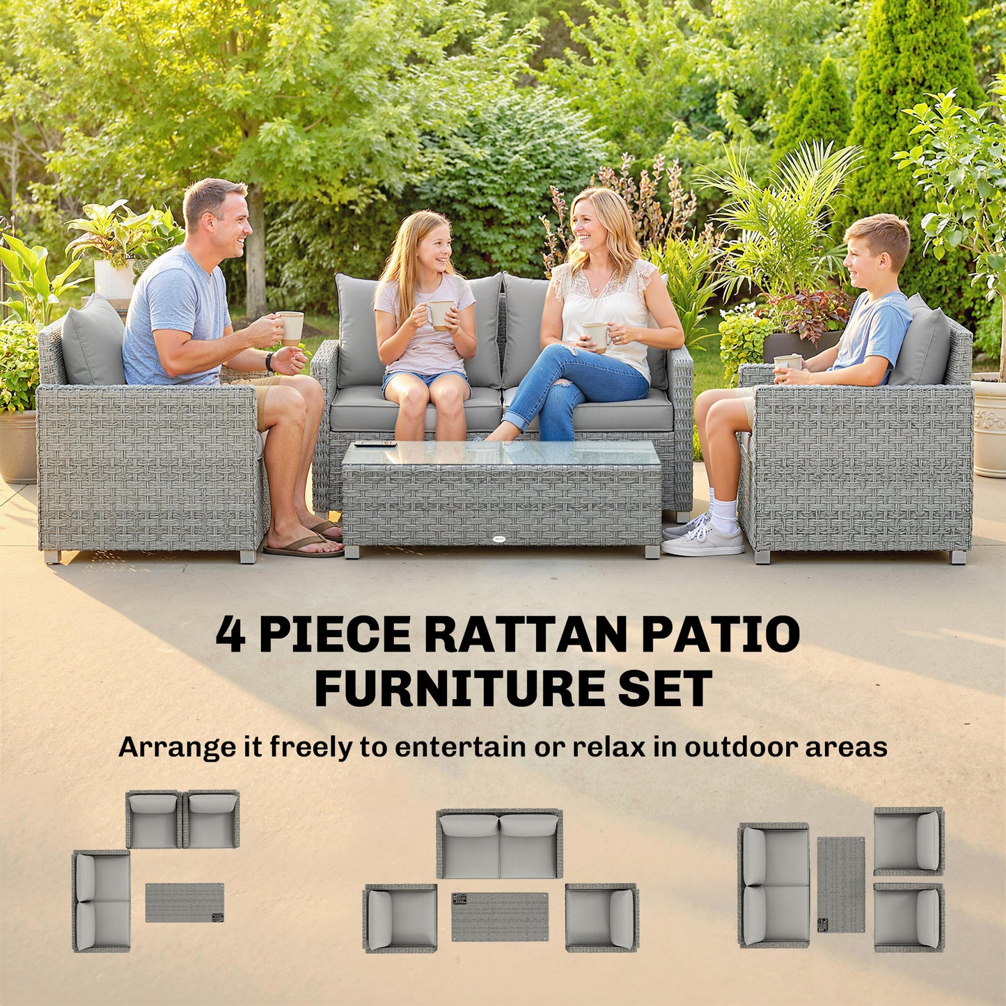 4-Piece Rattan Garden Furniture Set | Loveseat | 2 Armchairs | Tempered Glass Table | 15cm Back Cushions | Washable Covers | 120kg | Grey