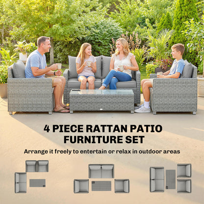 4-Piece Rattan Garden Furniture Set | Loveseat | 2 Armchairs | Tempered Glass Table | 15cm Back Cushions | Washable Covers | 120kg | Grey