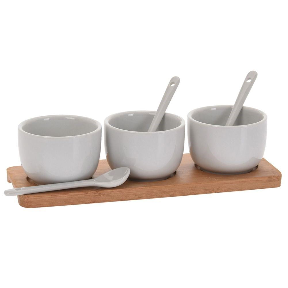 3 Porcelain Dip Serving Bowls with Bamboo Tray & 3 Spoons | Fine Porcelain | Bowls 6.5x7cm | Tray 21.5x7.5cm | Jam Preserves Sauces Dips | Dining Entertaining Set