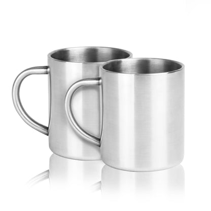 Maison & White Stainless Steel Mugs | Set of 2 × 300ml | Double-Walled Brushed Silver Tea & Coffee Cups with Handles | Home, Office & Camping