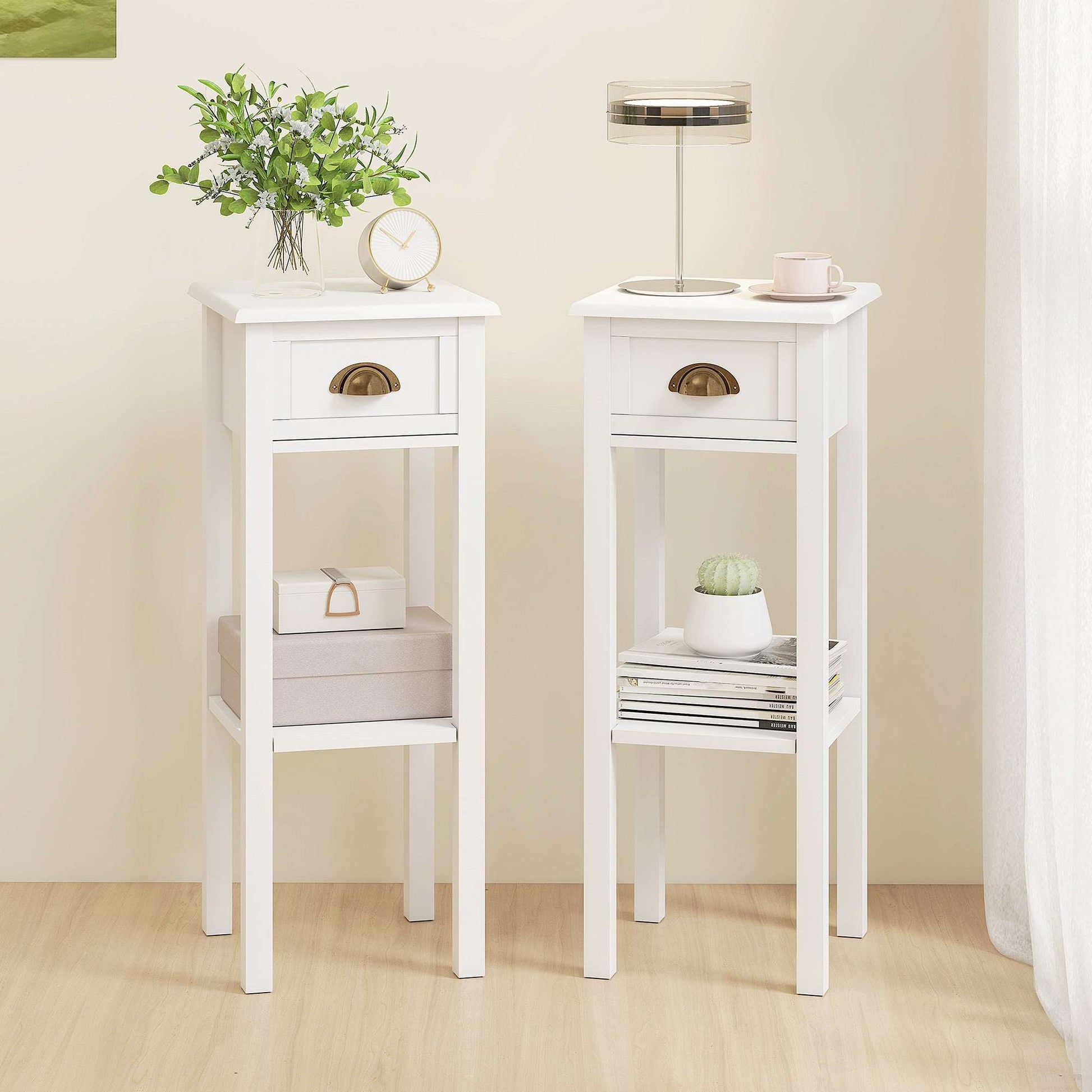 Set of 2 Side Tables | Drawer & Open Shelf | Slim 30x30x75cm | Anti-Tip | Elevated Base | MDF | White