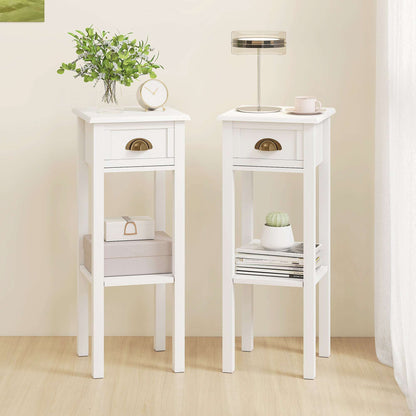 Set of 2 Side Tables | Drawer & Open Shelf | Slim 30x30x75cm | Anti-Tip | Elevated Base | MDF | White