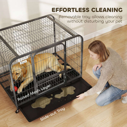 Heavy Duty Dog Crate | 116x77x88cm | 3 Doors | Slide-Out Tray | 4 Wheels | Raised Base | 30kg | Black