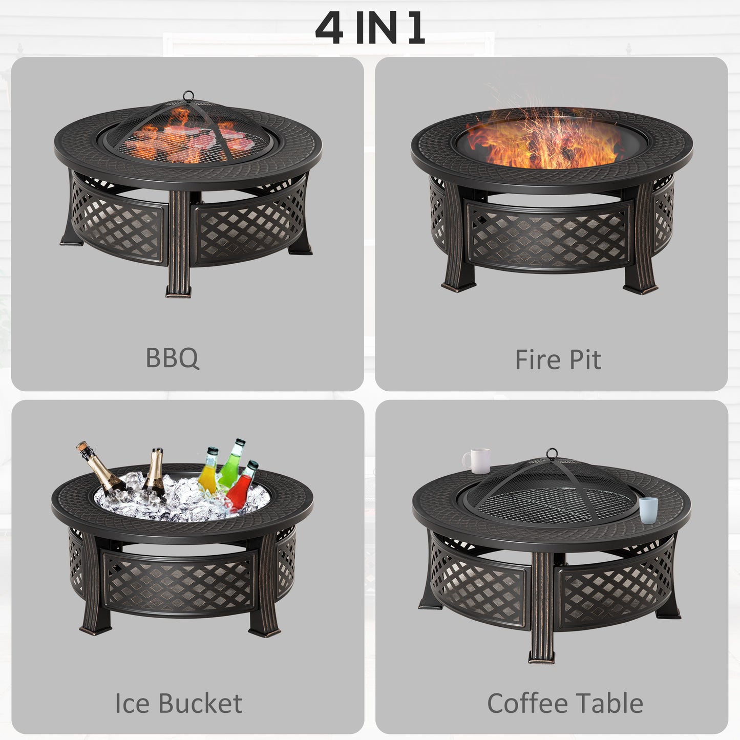 Outsunny Outdoor Fire Pit with Grill Net, Mesh Lid & Poker – Multifunctional BBQ & Bonfire Pit, Built-In Tabletop, Solid Steel, Bronze Tone