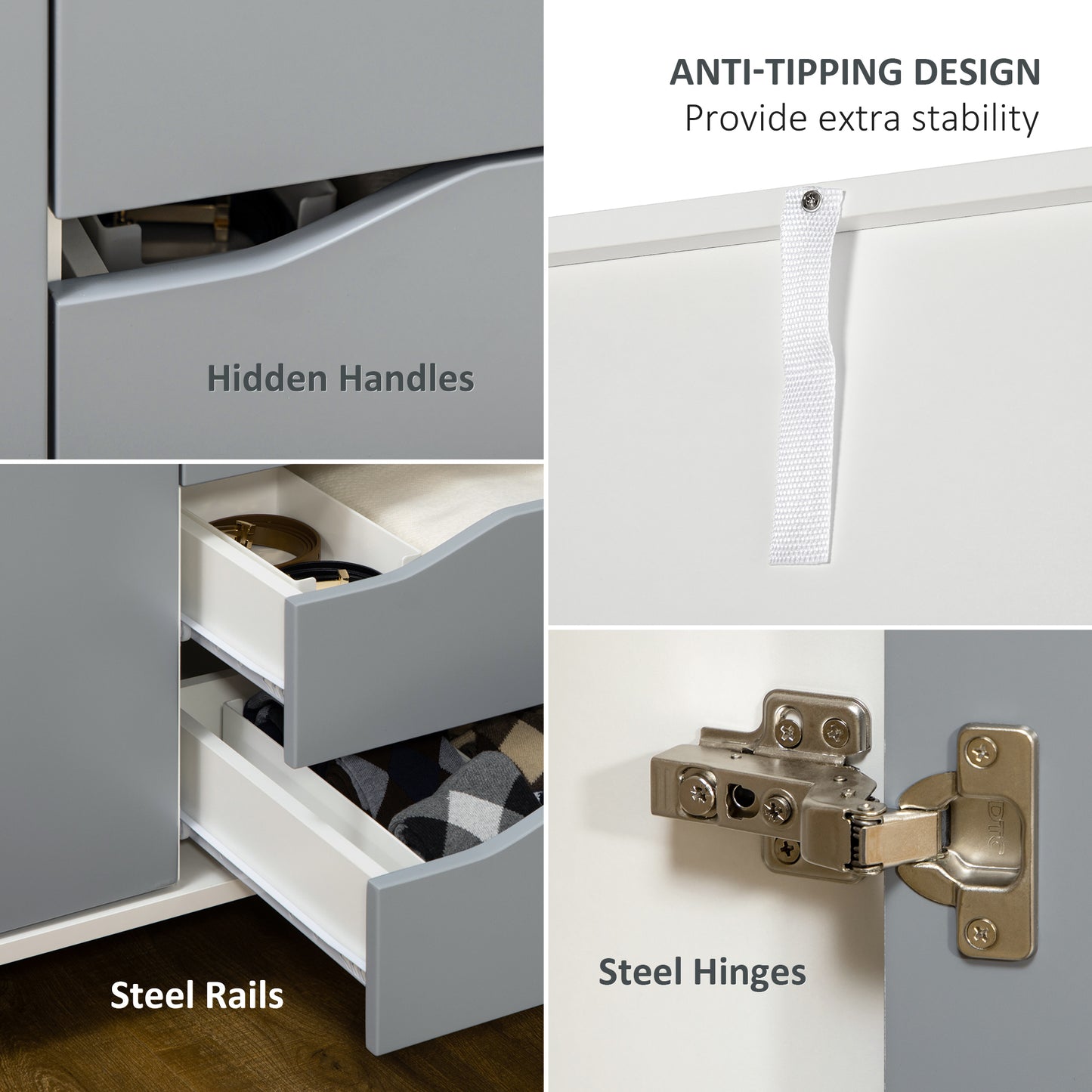 Bedroom Furniture Set, Wardrobe with Hanging Rail, 3 Drawer Chest of Drawers, Bedside Table with Drawer, Grey and White