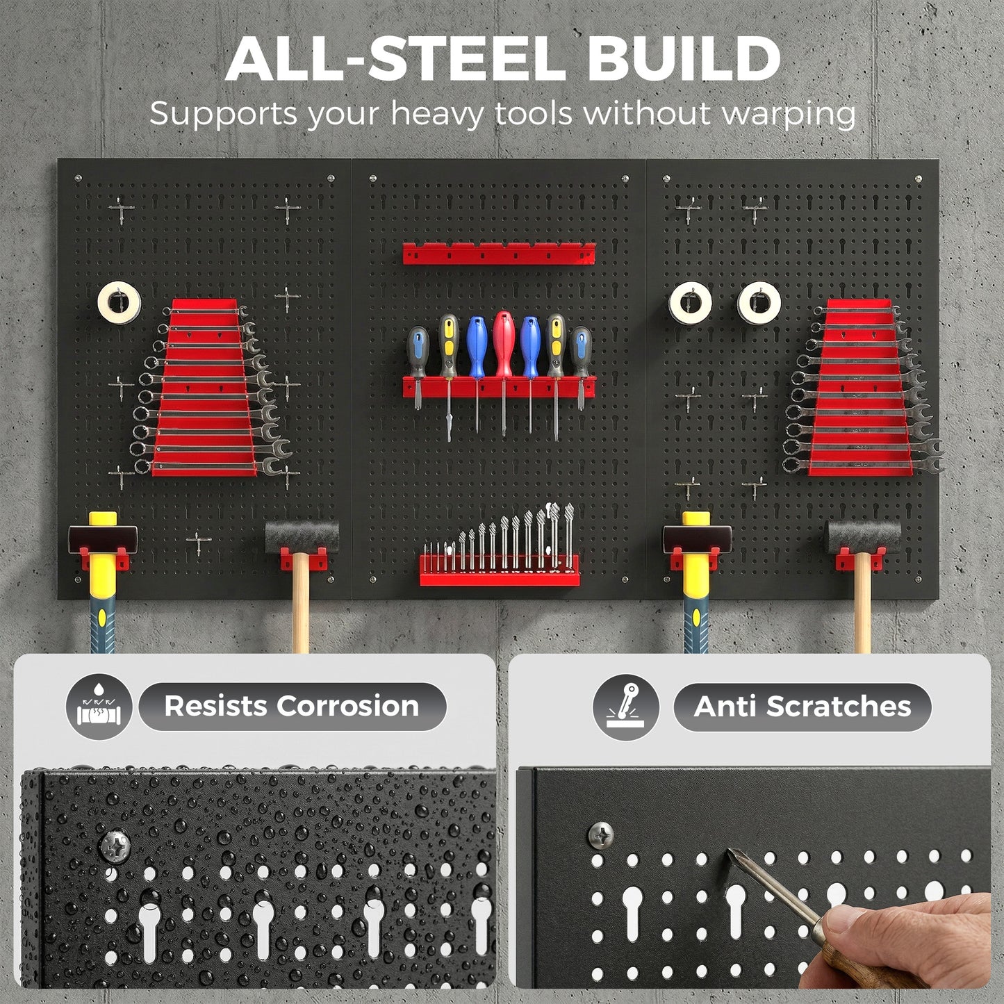 Wall-Mounted Steel Pegboard Tool Storage Set | 28pc | 3 Boards | 50kg | Black & Red | Garage & Workshop