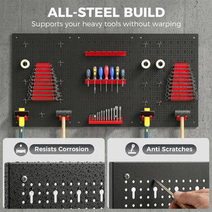 Wall-Mounted Steel Pegboard Tool Storage Set | 28pc | 3 Boards | 50kg | Black & Red | Garage & Workshop