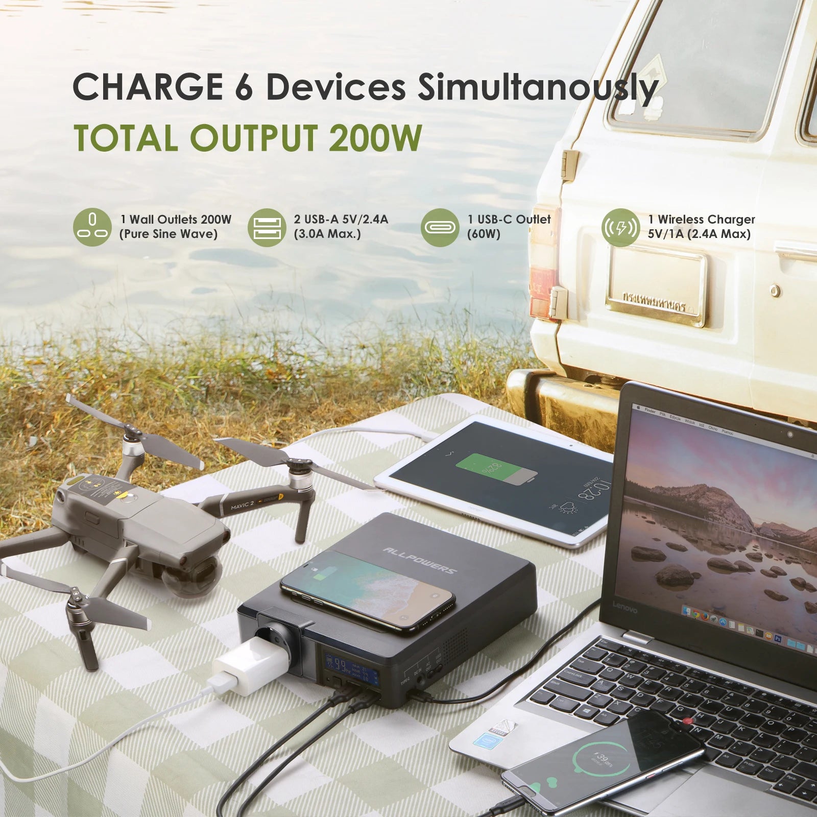 ALLPOWERS Solar Powerbank 41600Mah 200W Portable Powerstation with Solarpanel 60W，DC,USB,USB-C Output for Camping Laptop Iphone