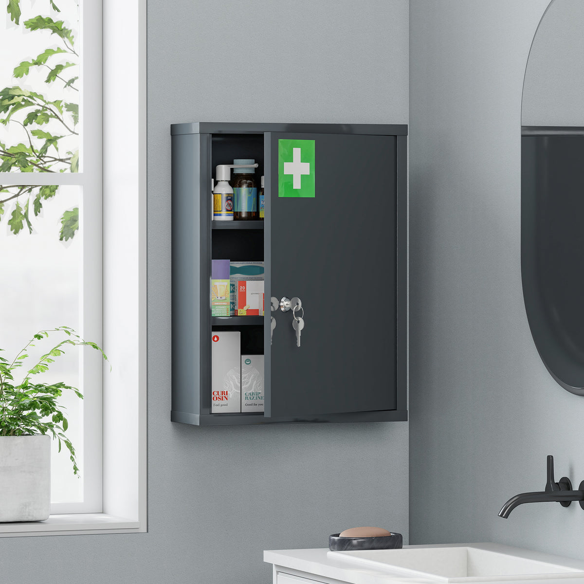 Kleankin Locking Medicine Cabinet | Smoke Grey Cold-Rolled Steel | 40x15x53.5cm | 3 Tiers | Lock & 2 Keys | Wall-Mounted | First Aid Cross | 15kg | No Assembly