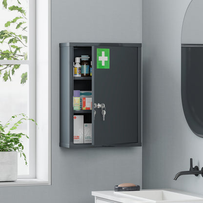 Kleankin Locking Medicine Cabinet | Smoke Grey Cold-Rolled Steel | 40x15x53.5cm | 3 Tiers | Lock & 2 Keys | Wall-Mounted | First Aid Cross | 15kg | No Assembly