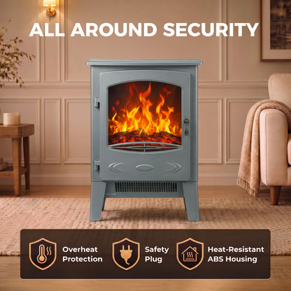 Freestanding Electric Fireplace Stove | Red LED Flame | 1000W/2000W | Forced-Air Fan | Grey