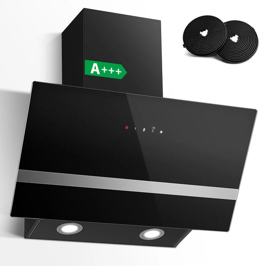 SNDOAS 60Cm Angled Cooker Hood, 400 M³/H, A+++, Touch Control, Dual Mode, Black Glass