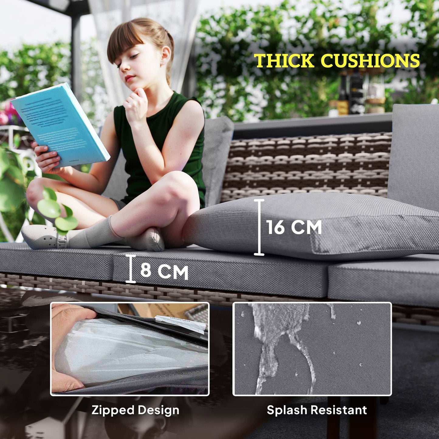 Outsunny 5 Piece Rattan Garden Furniture Set with 3-Seater Sofa 2 Chairs and 2 Footstools - Grey