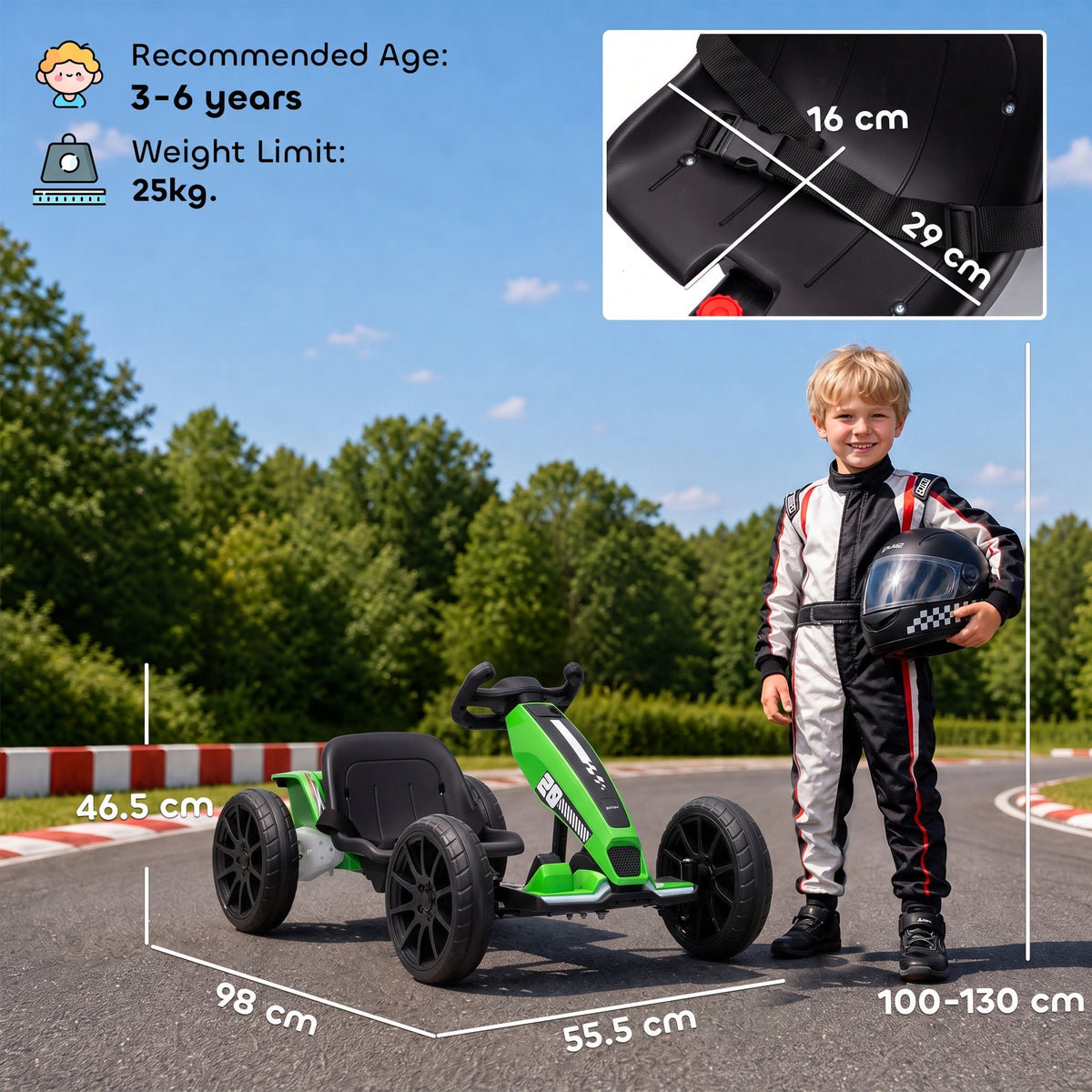 12V Electric Go Kart for Kids | Dual 35W Motors | Soft-Start | 4-Position Adjustable Length 83–98cm | Sliding Seat | LED Lights | EVA Wheels | 50 Min | 1.5–4km/h | 25kg | Age 3–6 | Green