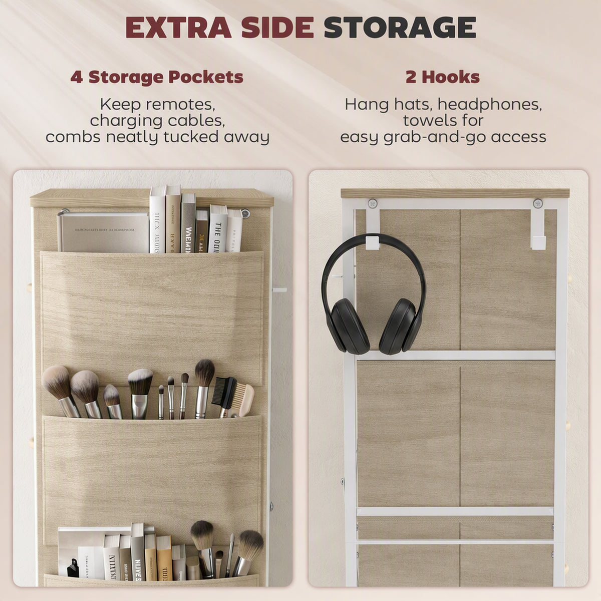 Chest of 8 Fabric Drawers | Natural Wood Rustic Brown Grey | Non-Woven Fabric Steel | 80x30x94.5cm | 30kg | Side Pocket 2 Hooks | X-Bar Frame | Anti-Tip Kit | Foldable Drawers | Bedroom