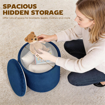 Storage Ottoman Modern Velvet Round Foot Stool for Living Room Bedroom 45 cm Blue