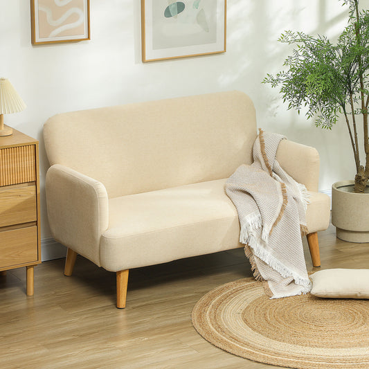 Vintage Retro Style Velvet Feel Fabric 2 Seater Sofa, Small Sofa Loveseat with 21cm Thick Padding and Wood Legs, Cream White