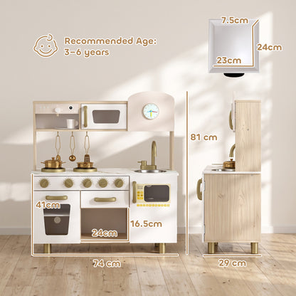 Kids Play Kitchen Playset | Rotating Coffee Maker | Stove with Ignition Sounds | Rotating Tap | Clock with Movable Hands | Shelves Cabinet & Drawer | 6-Piece Steel Set | E1 MDF | 74x29x81cm | Ages 3-6 | White